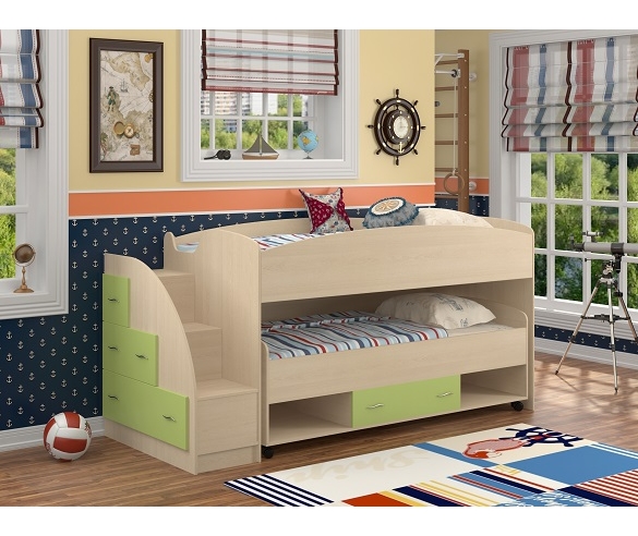 Кровать двухъярусная "Дюймовочка-4" Корпус: Дуб Молочный,Фасад: Салатовый