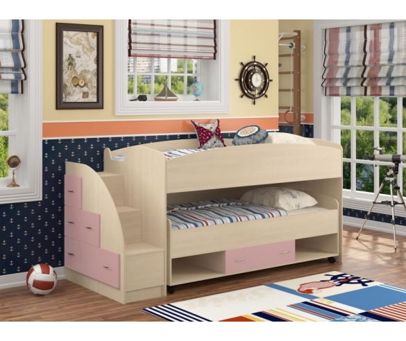 Кровать двухъярусная Дюймовочка-4.3 корпус дуб молочный, фасад розовый